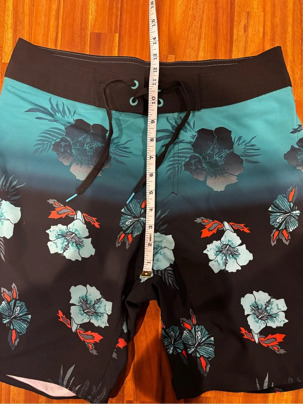 Burnside Men's Black & Teal Tropical Floral Swim Trunks Drawstring Waist 30